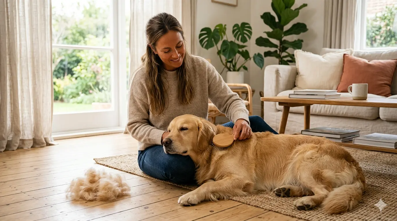 A smiling woman sitting on a wooden floor in a bright, modern living room, gently brushing a relaxed Golden Retriever with a wooden grooming brush