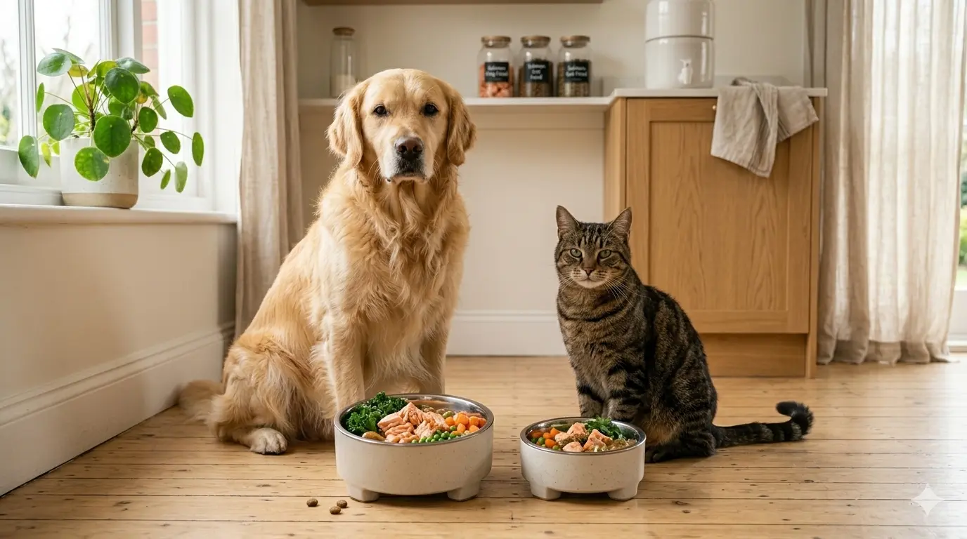 A golden retriever and a tabby cat sitting side by side on a wooden floor next to two bowls of fresh pet food containing salmon, peas, and carrots.