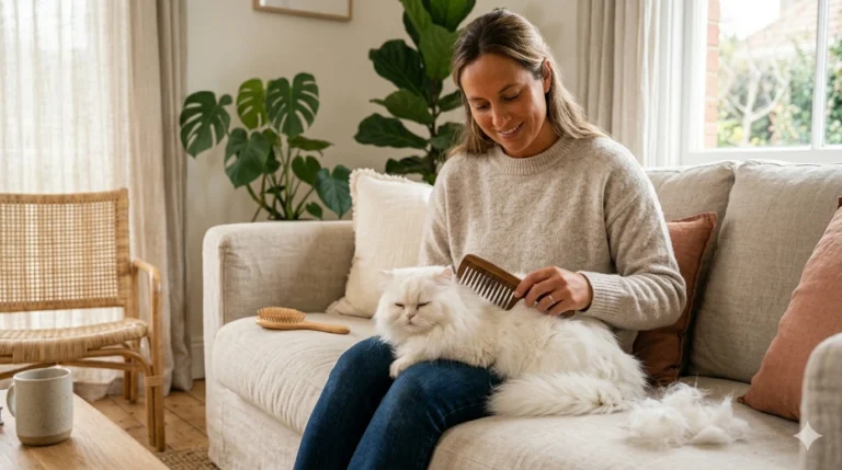 A close-up of a woman carefully holding the base of a white Persian cat's fur while gently working a wide-tooth wooden comb through a small mat near its neck.