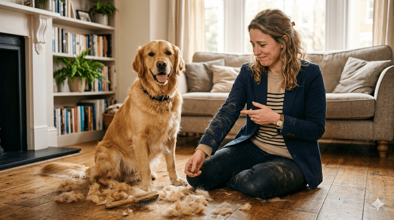 A Golden Retriever sitting on a hardwood floor next to piles of loose shed fur while a woman in a navy blazer points at her fur-covered sleeve in a living room.
