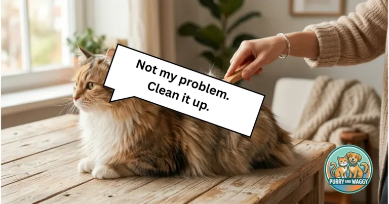 Long-haired cat being brushed on a wooden table with speech bubble saying Not my problem Clean it up