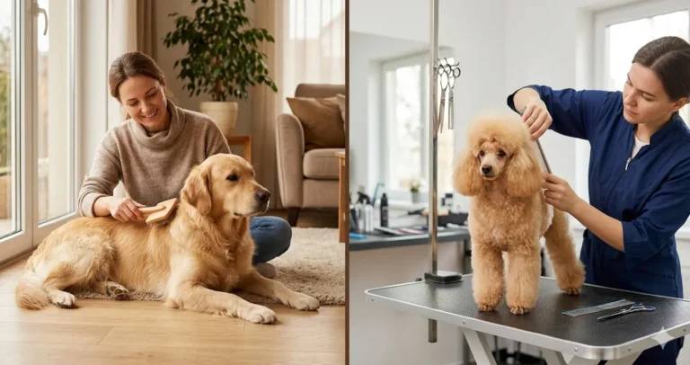 A split-screen photo-realistic image comparing home pet care and professional grooming. On the left side, a woman sits on a living room floor gently brushing a calm golden retriever in soft, warm indoor light. On the right side, a professional groomer in blue scrubs carefully styles a fluffy, apricot-colored poodle on a metal grooming table inside a bright, clean salon.