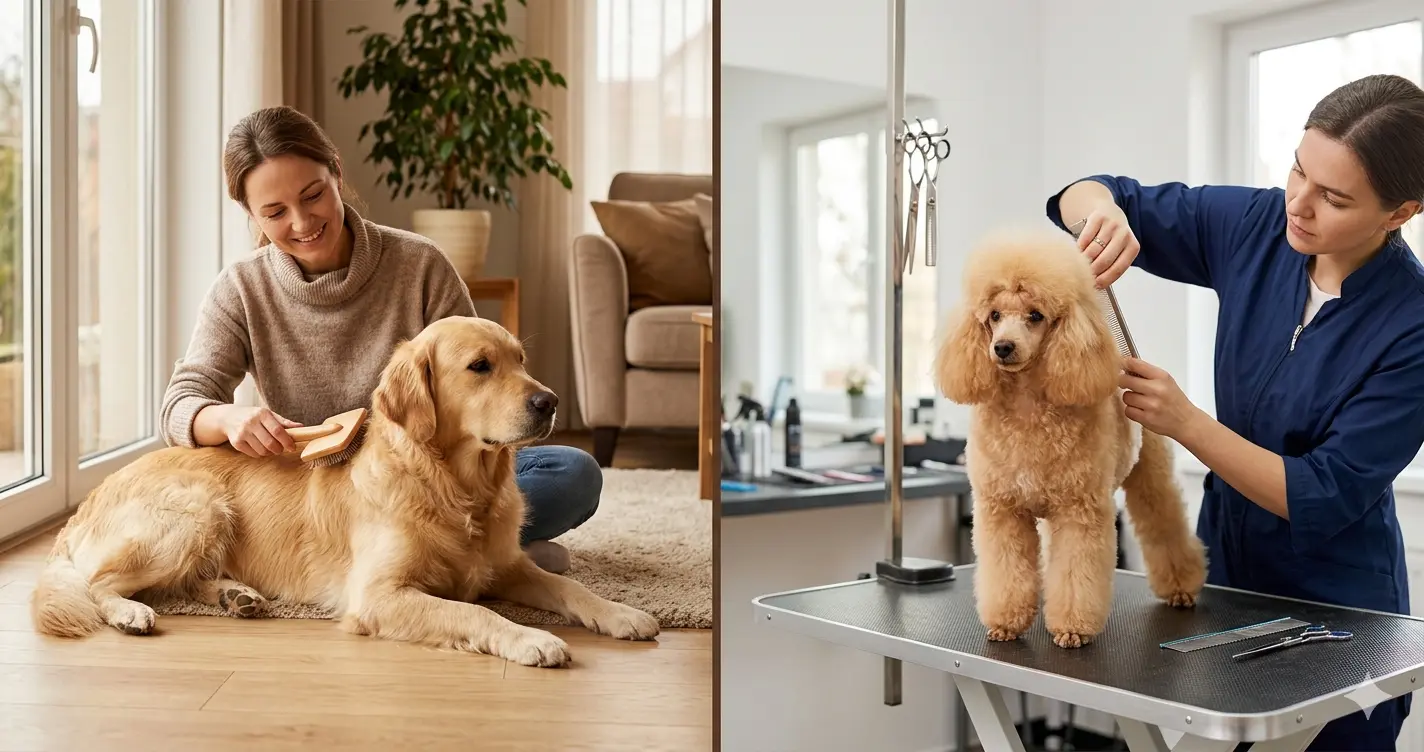 A split-screen photo-realistic image comparing home pet care and professional grooming. On the left side, a woman sits on a living room floor gently brushing a calm golden retriever in soft, warm indoor light. On the right side, a professional groomer in blue scrubs carefully styles a fluffy, apricot-colored poodle on a metal grooming table inside a bright, clean salon.