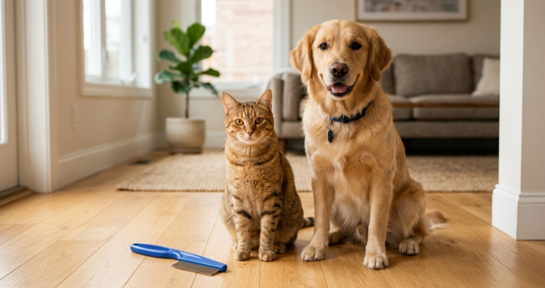 Dog and cat sitting together with a flea comb showing flea prevention for pets