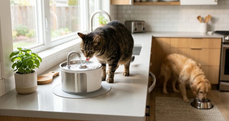Cat drinking from a pet water fountain showing daily hydration for cats and dogs
