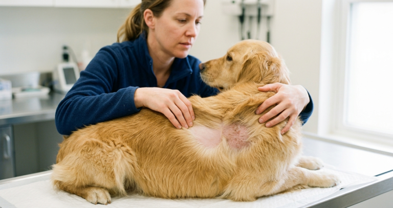 Pet owner checking dog skin underneath fur for abnormal shedding signs and hair loss
